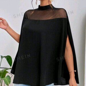 Mesh Panel Stand Collar Loose Casual Shirt